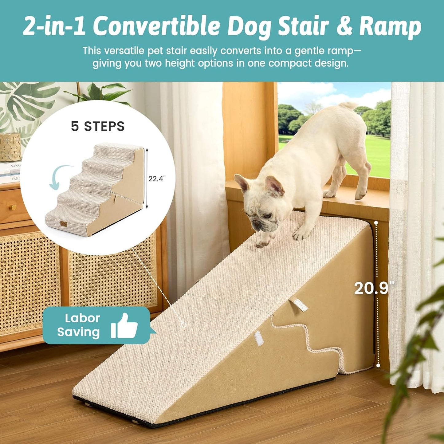 COZY KISS Dog Stairs for Small Dogs, 3-Step 2 in 1 Transformable Pet Stairs for Couch and Bed, 15.7" H Dog Steps for Old Cats, Puppy, Small Dogs (Beige, 17.7x28.3x19.7 in, 4.0)