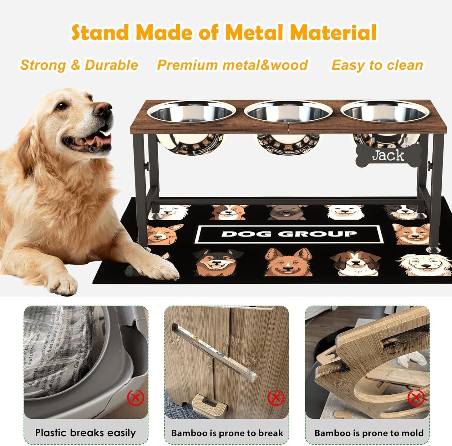 ADENGL Metal Raised Dog Bowl, 10" Tall Elevate Dog Feeder Stand with 2 Stainless Steel 42oz Bowls & 16x24 Non-Slip Mat – Stronger Dogs Food & Water Bowl Stand (Black)