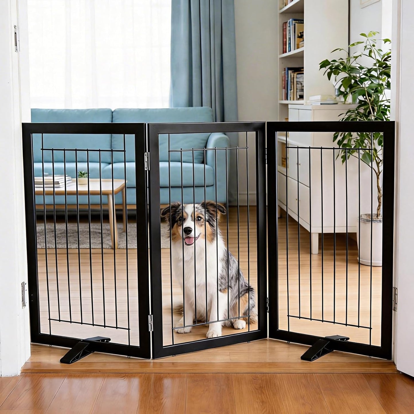 ZJSF Freestanding Dog Gate Indoor, Foldable Dog Fence for Doorways,Hallways or Stairs, Sturdy Wood Extra Wide Pet Gate with Support Feet,Black,24 "Height-3 Panels