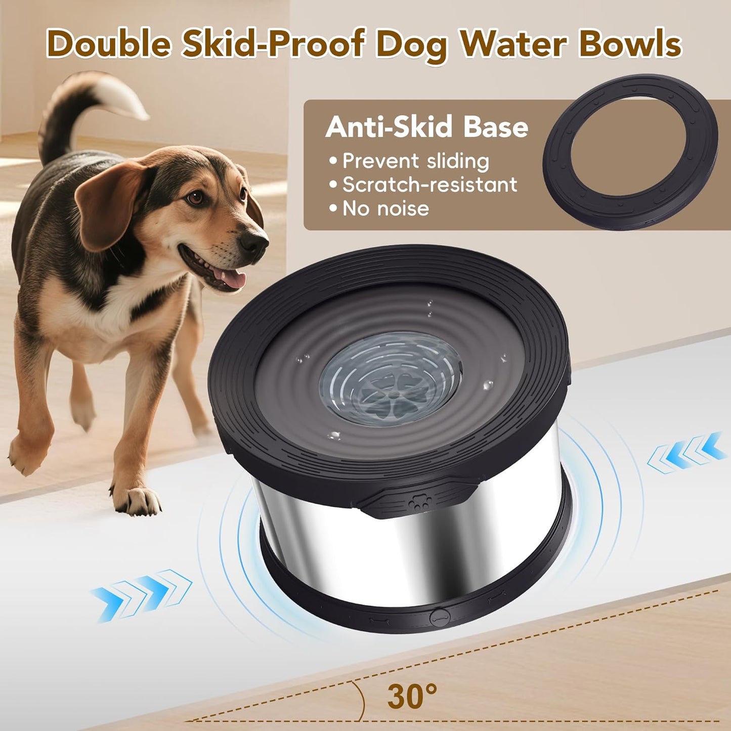 UPSKY Dog Water Bowl No Spill 10L Stainless Steel, 2.6 Gallon Large Capacity Spill-Proof Dog Bowls, Non-Slip Slow Drinking Anti-Splash Bowl for Large Messy Drinkers, No Mess Indoor/Outdoor Use, Gray