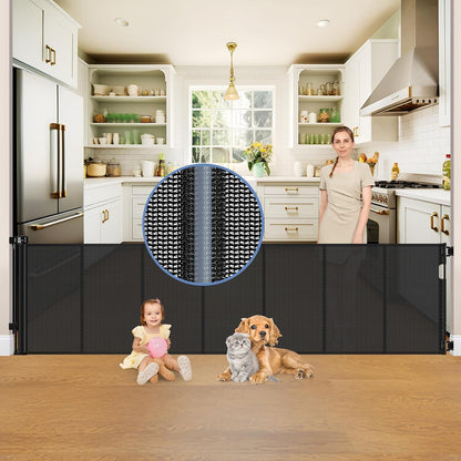Reinforced 90 Inch Retractable Baby Gates Extra Wide Baby Gate with Reinforced Strips, 7.5ft Long Retractable Dog Gate for The House 33 Inch Tall Extra Long Pet Gates for Wide Openings, Black