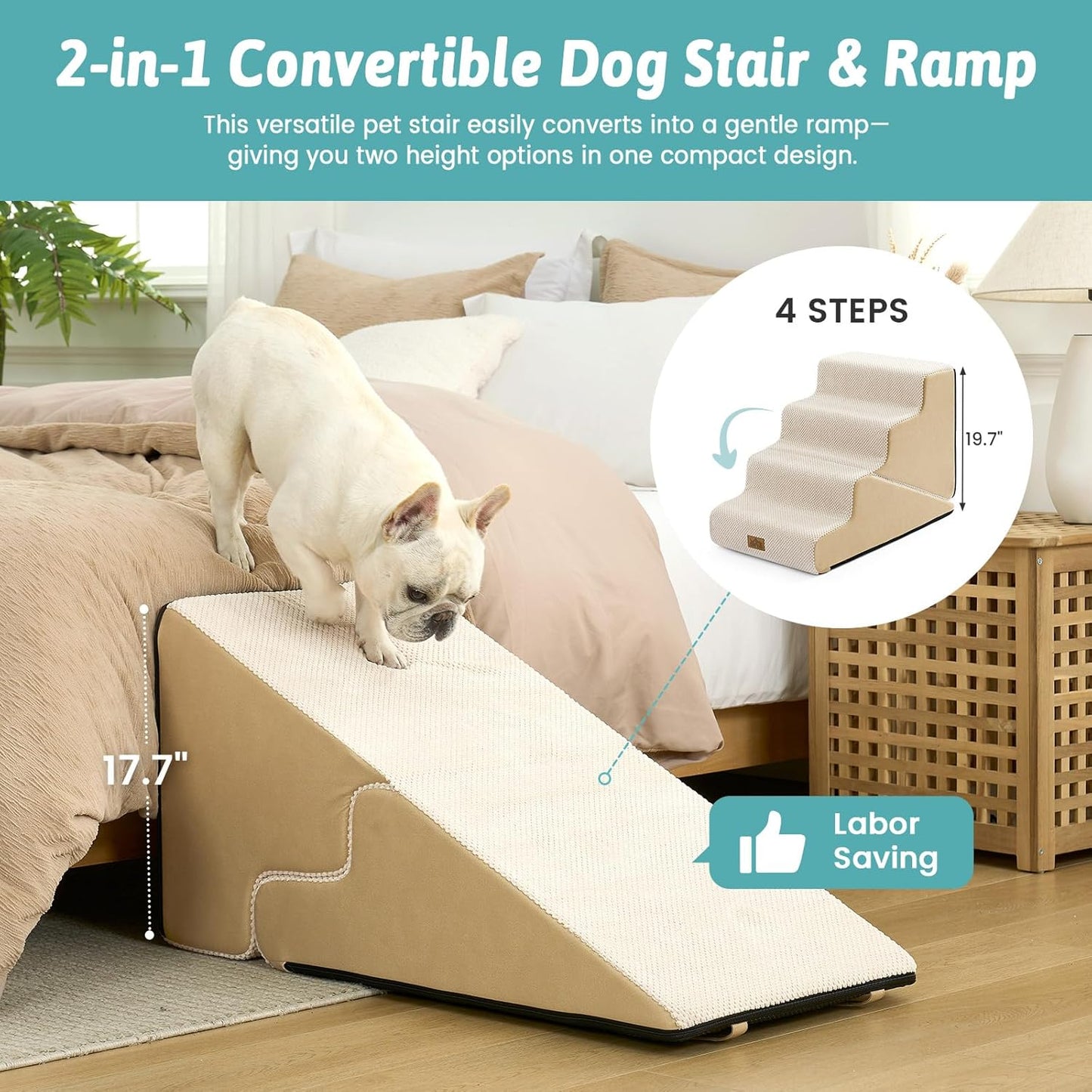 COZY KISS Dog Stairs for Small Dogs, 3-Step 2 in 1 Transformable Pet Stairs for Couch and Bed, 15.7" H Dog Steps for Old Cats, Puppy, Small Dogs (Beige, 17.7x28.3x19.7 in, 4.0)
