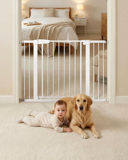 Baby Gate for Stairs, 29.92-48” Wide Pressure Mounted Baby Gate No Drill Needed, Auto Close Dog Gate for Doorways, Easy Walk Through Safety Child Gates for Toddler & Pet/Puppy, Indoor, White