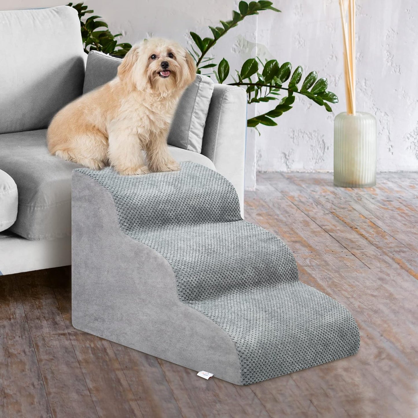 Dog Stairs for Small Dogs - High Density Foam Dog Ramp, Extra Wide Pet Steps with Non-Slip Bottom for High Beds, Couche and Sofa, Best for Pet Injured, Older Dogs Cats (Grey, 4 Steps)