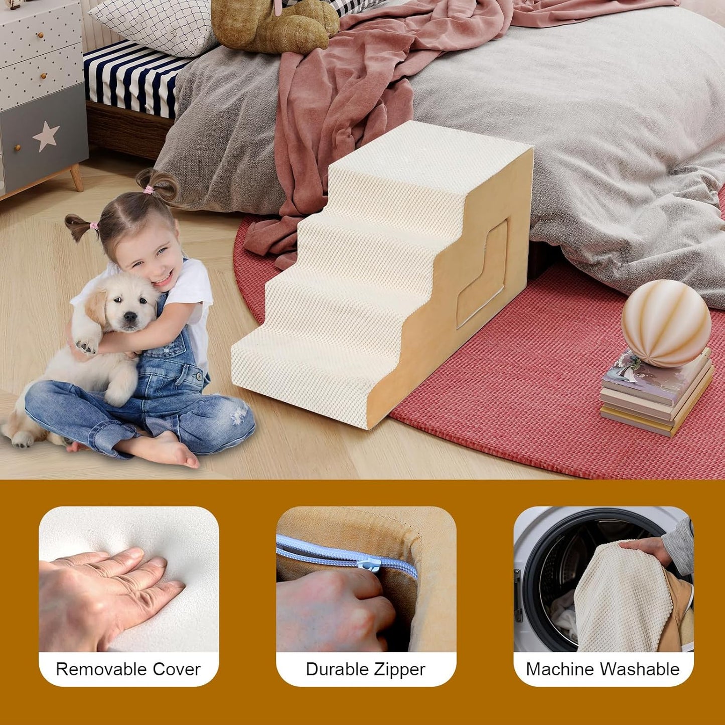 Dog Stairs for Small Dogs, 6-Step Dog Steps for High Bed, High-Density Foam Pet Stairs with Non-Slip Removable Washable Cover to Get on Bed