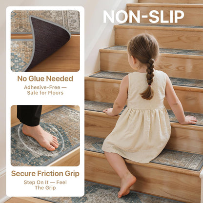 sarben Non Slip Stair Treads for Wooden Steps 15PCS - 8"x30" Indoor Safety Carpet, Edging Mats with TPE Adhesive Backing, Pet and Elderly Friendly Stair Rugs (Taupe) - Colors B