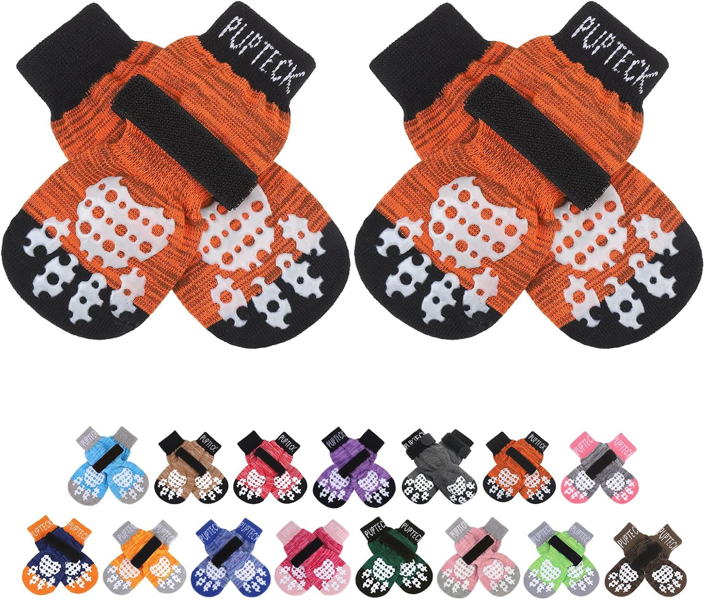PUPTECK Anti-Slip Dog Socks with Double Sides Grips for Small Medium Large Dogs Hardwood Floors Prevents Licking, Dog Shoes for Hot Pavement Traction Control Paw Protector for Senior Dogs, Grey L