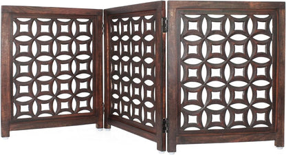Wooden Foldable Pet Dog Safety Gate -3 Panels 20"Wx24"H- Hand Carved Solid Wood And MDF - Free Standing Portable Indoor Doorway Hall Stairs Dog Puppy Fence - Fully Assembled - Antique Brown -IRONGATE