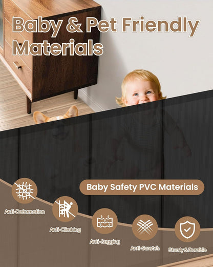 Retractable Baby Gate, 55" Wide Mesh Gate with 4 Reinforced Rods, Prevents Kids & Dogs from Crawling Under, 34" Tall Easy-to-Use Pet Gate for Stairs, Bedrooms, Hallways, Indoor/Outdoor, White