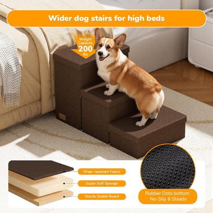3-Step Wide Dog Stairs with Hidden Storage 18" H, Non-Slip Dog Steps for High Bed Couch Window Car, Jiont-Friendly Pet Stairs Ramp for Small/Medium/Large Old Dogs Cats Up to 200lbs, Grey