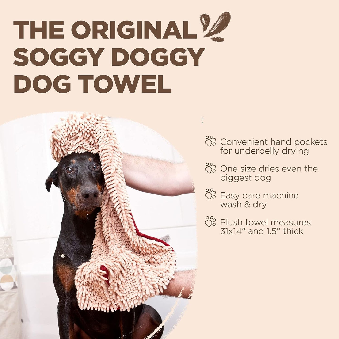 Soggy Doggy Super Shammy Dog Towel – Absorbent Microfiber Chenille Pet Towel for Drying Wet Dogs, Paws, Quick Dry Dog Shammy with Hand Pockets, Machine Washable – Chocolate/Oatmeal Trim, 31” x 14”