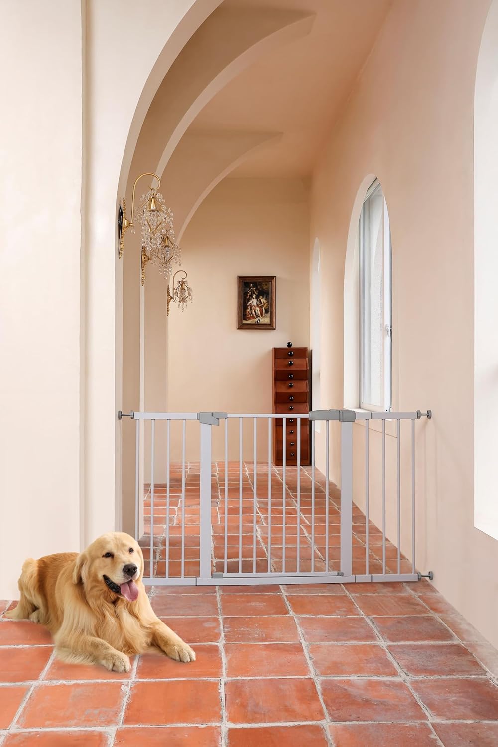 44.72"-46.89" Baby and Pet Safety Gate, 30" Tall Metal Walk-Thru Gate for Doorways & Stairs, Easy One-Hand Open, Dual Lock, Extensions & Wall Mounts Included (Brown, 29"-46" W x 30.5“H)