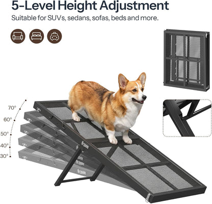 HOOBRO Foldable Dog Ramp for Bed, Pet Ramp for Couch with Handle, Folding Dog Ramp, 5-Level Height-Adjustable Dog Ramp, for Sofa, Bed, and Car, Black BK20PT03