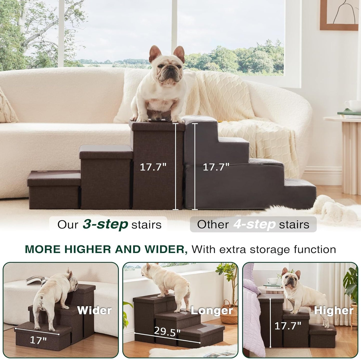 Love's cabin Dog Stairs with Storage 13" H, Foldable Pet Stairs for Small Medium or Large Dogs, Cat Puppy Steps Ramp with Zip up to 150 lbs, Solid Grey, 2 Steps