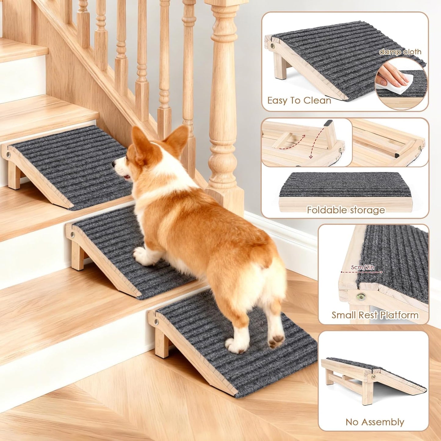 2-Pack Foldable Dog Ramp for Stairs – Lightweight Safe Wooden Pet Steps with Low-Angled Design & Anti-Slip Carpet Surface, Portable Dog Stairs to Assist Elderly/Injured Small Medium Large Dogs