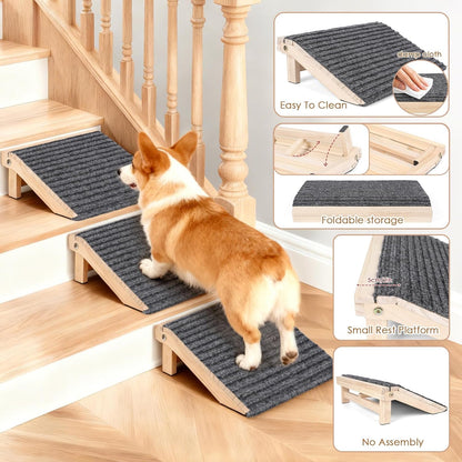 2-Pack Foldable Dog Ramp for Stairs – Lightweight Safe Wooden Pet Steps with Low-Angled Design & Anti-Slip Carpet Surface, Portable Dog Stairs to Assist Elderly/Injured Small Medium Large Dogs