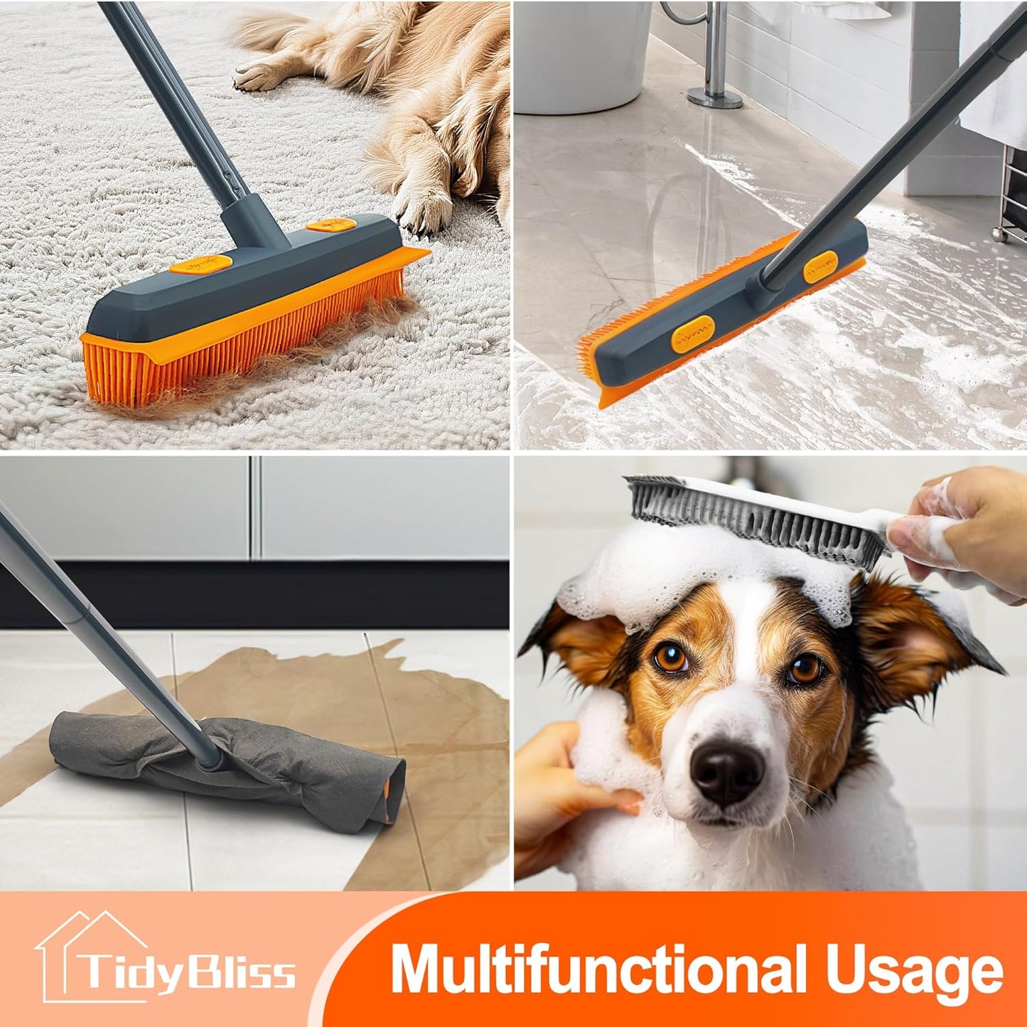 TidyBliss Pet Hair Removal Broom, 57.5 inches Rubber Brush Carpet Rake with Silicone Squeegee, Fur Remover Tool with Detailing Lint Comb for Cleaning Rug, Tile, Hardwood Floor (Gray Orange)