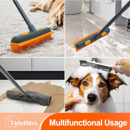 TidyBliss Pet Hair Removal Broom, 57.5 inches Rubber Brush Carpet Rake with Silicone Squeegee, Fur Remover Tool with Detailing Lint Comb for Cleaning Rug, Tile, Hardwood Floor (Gray Orange)