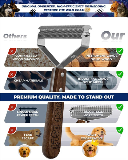Extra Large 2-Sided Undercoat Rake for Dogs & Cats, Dog Brush for Shedding Remove Mats, Dematting Comb, Safe&Gentle Grooming Brush for German Shepherds Medium to Long-Haired Pets,Premium Wooden Handle