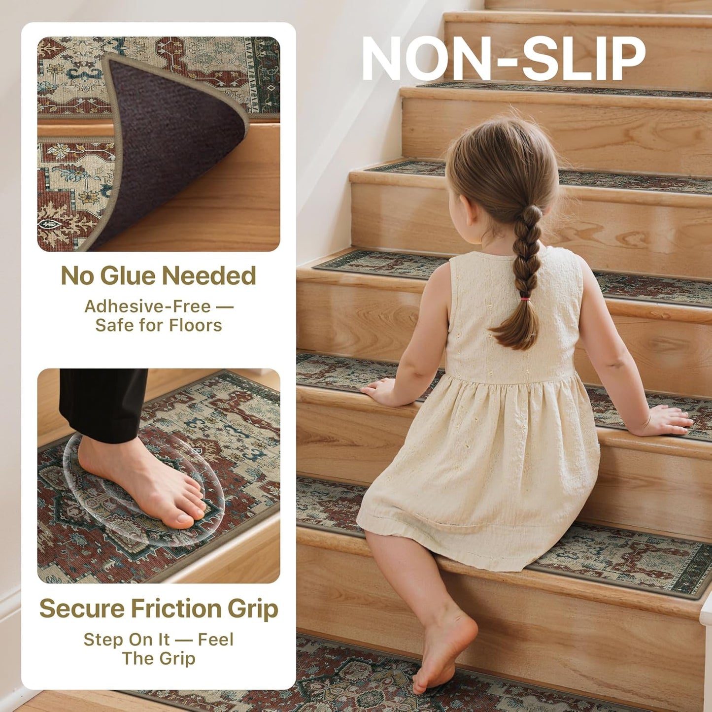 sarben Non Slip Stair Treads for Wooden Steps 15PCS - 8"x30" Indoor Safety Carpet, Edging Mats with TPE Adhesive Backing, Pet and Elderly Friendly Stair Rugs (Taupe) - Colors B