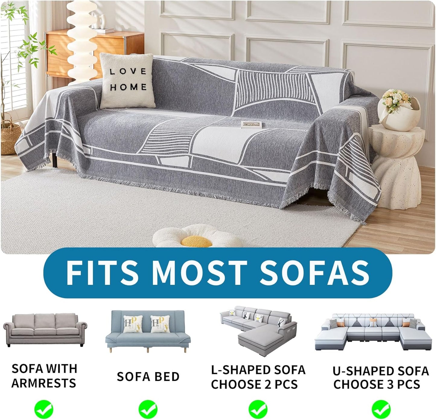 HAOMAIJIA Non Slip Couch Cover Sofa Covers for 3 Cushion Couch Washable sectional Couch Covers for Dogs pet Furniture Protector Couch Cover Blanket for Living Room (Off White, 91"x134")