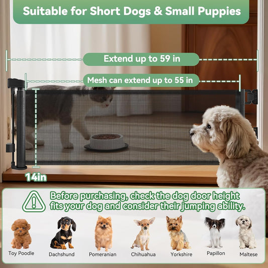 Short Dog Gate, 14" H Retractable Dog Gates, Mesh Retractable Step Over Pet Gates Puppy Gate, Extended up to 55" Wide for Stairs & Doorways Hallways - Drilling Required (Grey)