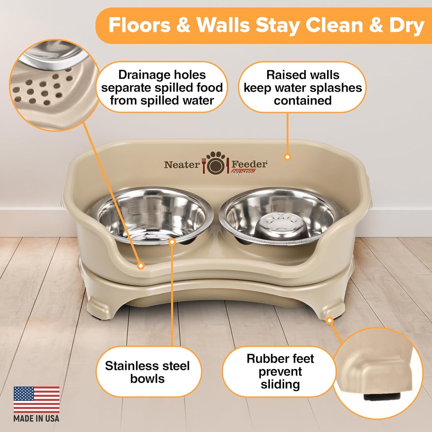 Neater Feeder Express Mess Proof Dog Bowls Elevated for Small Breeds under 15 Lb, Made in USA, No Spill Raised Dog Food Bowl Stand, Stainless Steel Food and Water Bowl Set, Feeding Station, Cappuccino