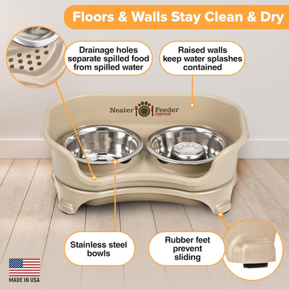 Neater Feeder Express Mess Proof Dog Bowls Elevated for Small Breeds under 15 Lb, Made in USA, No Spill Raised Dog Food Bowl Stand, Stainless Steel Food and Water Bowl Set, Feeding Station, Cappuccino