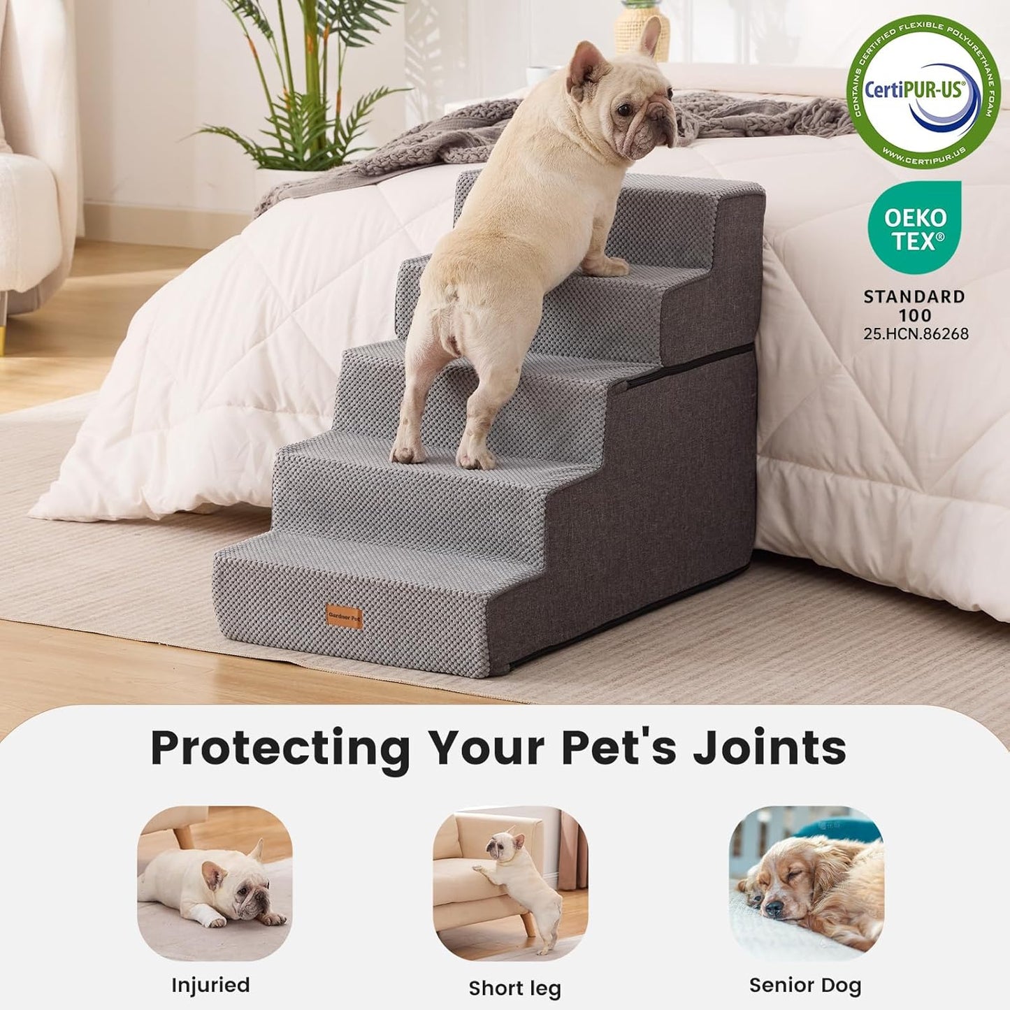 Gardner Pet Dog Stairs for Small Dogs 18.5" H, 4-Step Extra Wide Dog Steps for Bed, Pet Stairs for Bed and Couch with Durable Non-Slip Waterproof Fabric Cover and Soft Foam, Navy