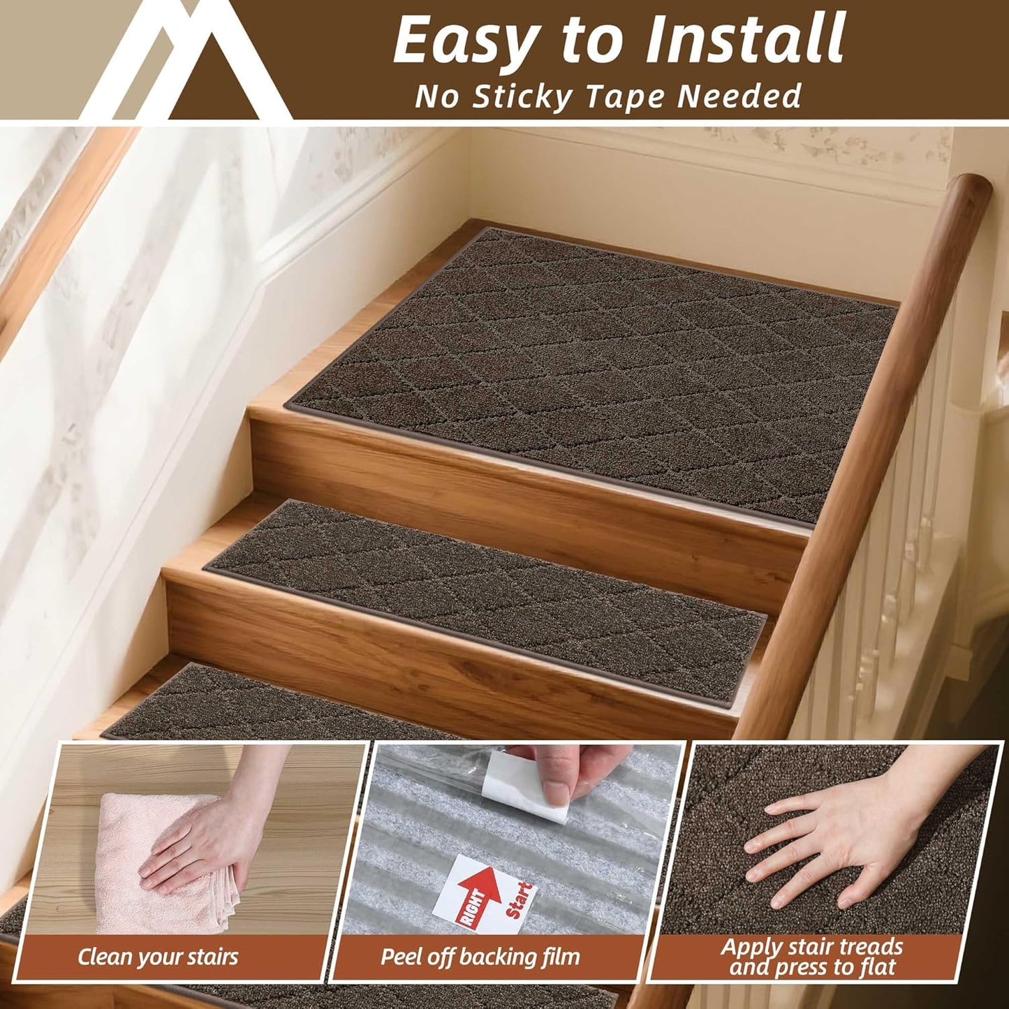 COSY HOMEER Edging Stair Treads Non-Slip Carpet Mat 28inX9in Indoor Stair Runners for Wooden Steps, Edging Stair Rugs for Kids and Dogs, 100% Polyester TPE Backing (7pc, Beige)