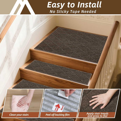 COSY HOMEER Edging Stair Treads Non-Slip Carpet Mat 28inX9in Indoor Stair Runners for Wooden Steps, Edging Stair Rugs for Kids and Dogs, 100% Polyester TPE Backing (7pc, Beige)
