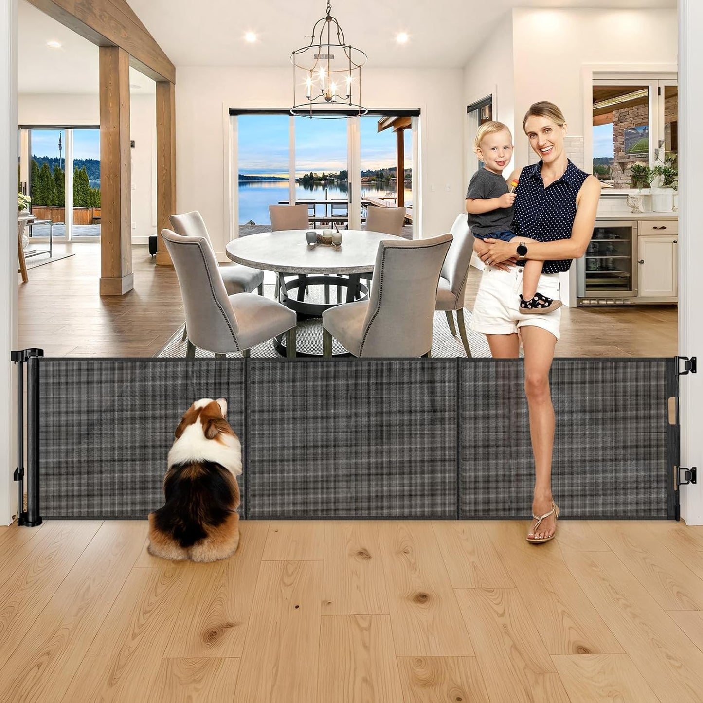 Reinforced 28 Inch Tall Retractable Baby Gates for Dogs, Easy Step Over Pet Gate with Support Rods, 55" Wide Retractable Dog Gate, Puppy Gates for The House Short Dog Gate for Stairs, Doorways, White
