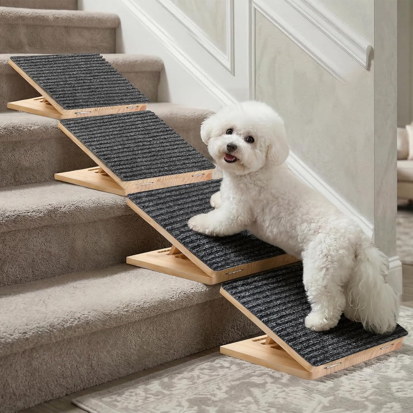 Dog Ramp for Stairs 2 Pack - Adjustable Wooden Stair Wedges for Small Dogs, Foldable Indoor Dog Stair Ramp with Triangular Support and Non-Slip Pads for Senior and Short-Legged Pets