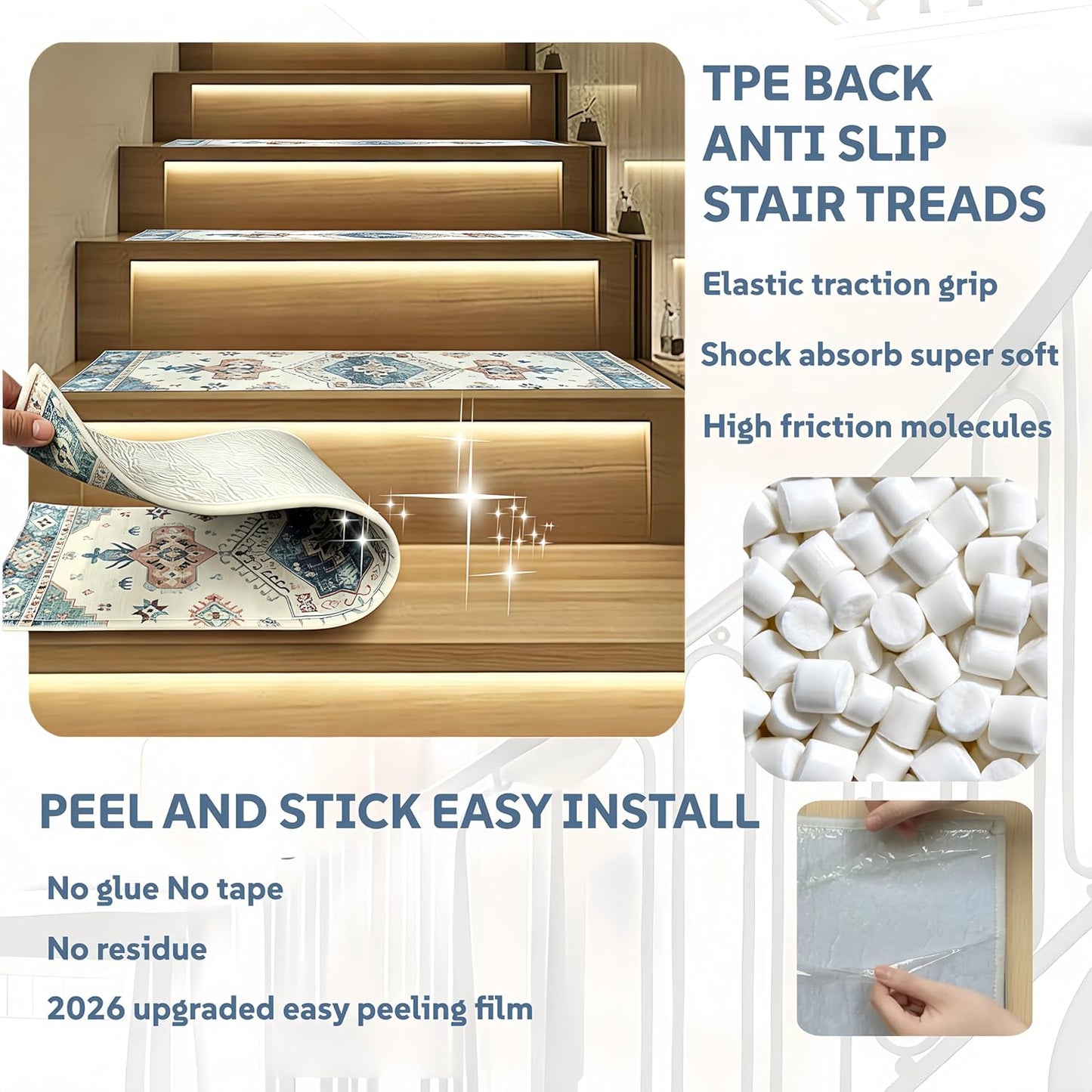 Stair Treads for Wooden Steps, Non Slip Stair Treads Carpet Indoor Residue Free Peel and Stick Washable Stair Covers, Safe for Dogs Kids Elders, Moroccan Beige, 8x30 inch, 4 Pack