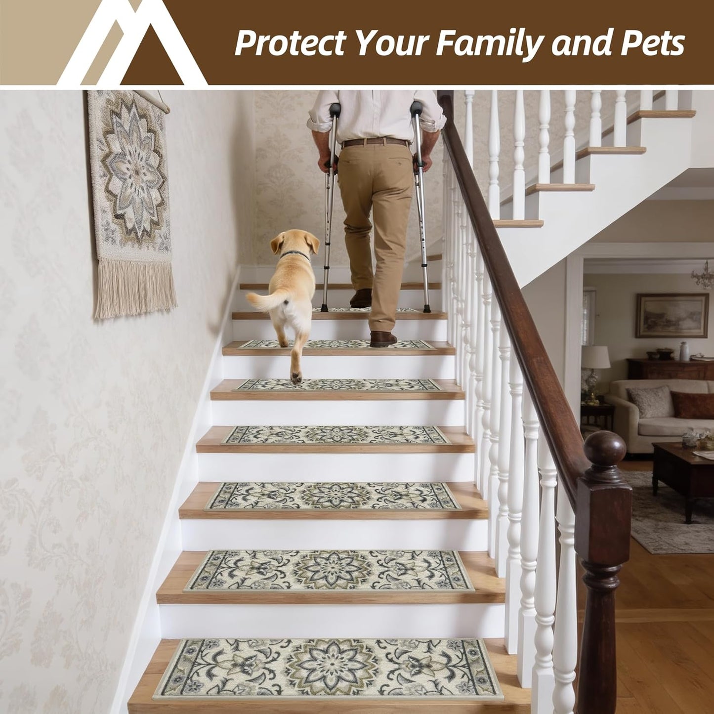 COSY HOMEER-Stair-Treads-for-Wooden-Steps Washable Indoor Stair Treads Non Slip 8" X 30" Soft Stair Carpet Treads Reusable Peel and Stick Stair Runner Rug for Kids, Elders and Pets 15pcs