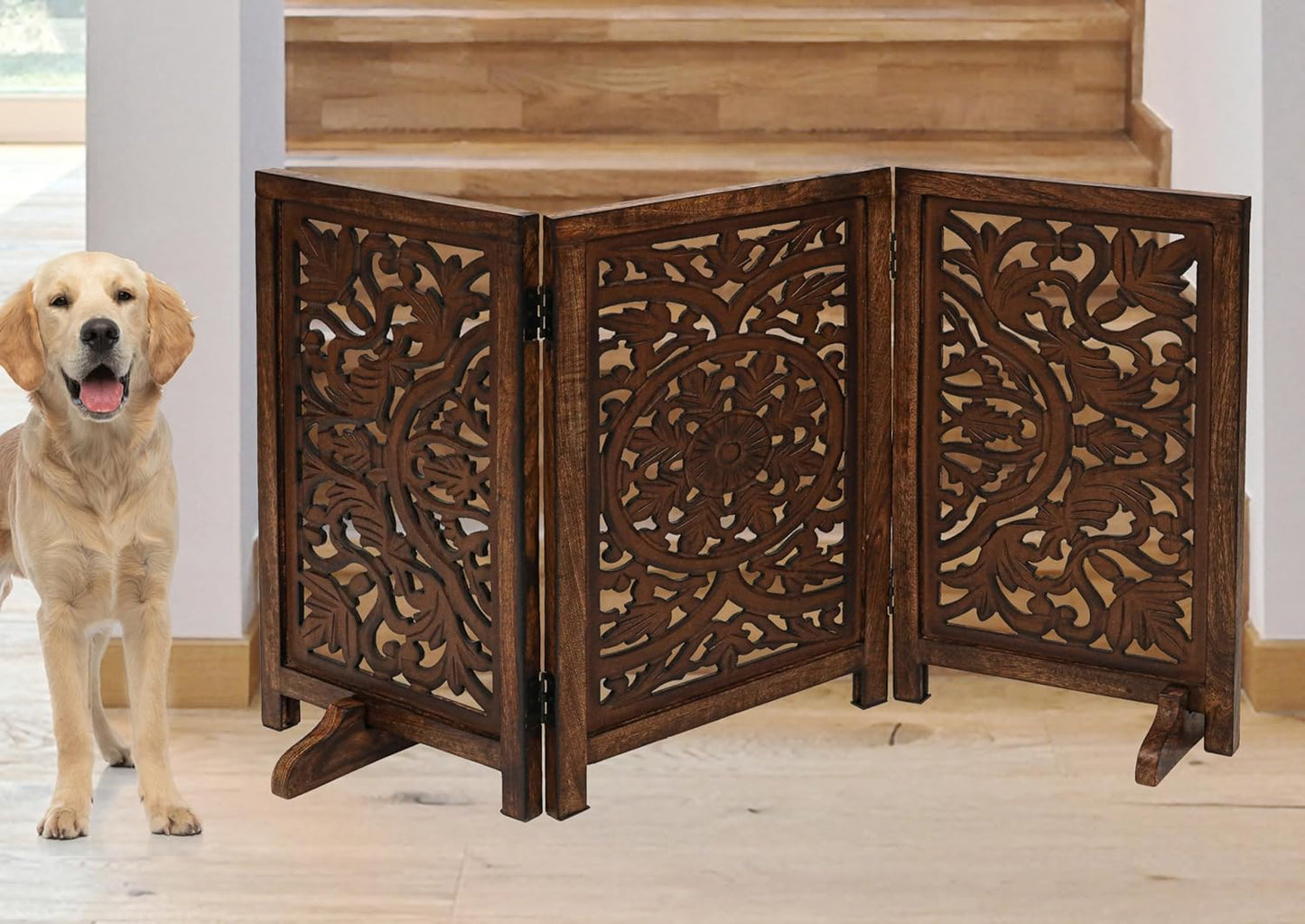 Freestanding Pet Gate for Dogs, Foldable Wooden Dog Gate for House, Indoor Dog Gate for Stair, Doorway, House Design Gates for Dogs Indoor, 72 Inch Wide, (18" x4 Panels 72 inch), Burnt Finish