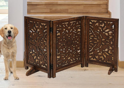 Freestanding Pet Gate for Dogs, Foldable Wooden Dog Gate for House, Indoor Dog Gate for Stair, Doorway, House Design Gates for Dogs Indoor, 72 Inch Wide, (18" x4 Panels 72 inch), Burnt Finish