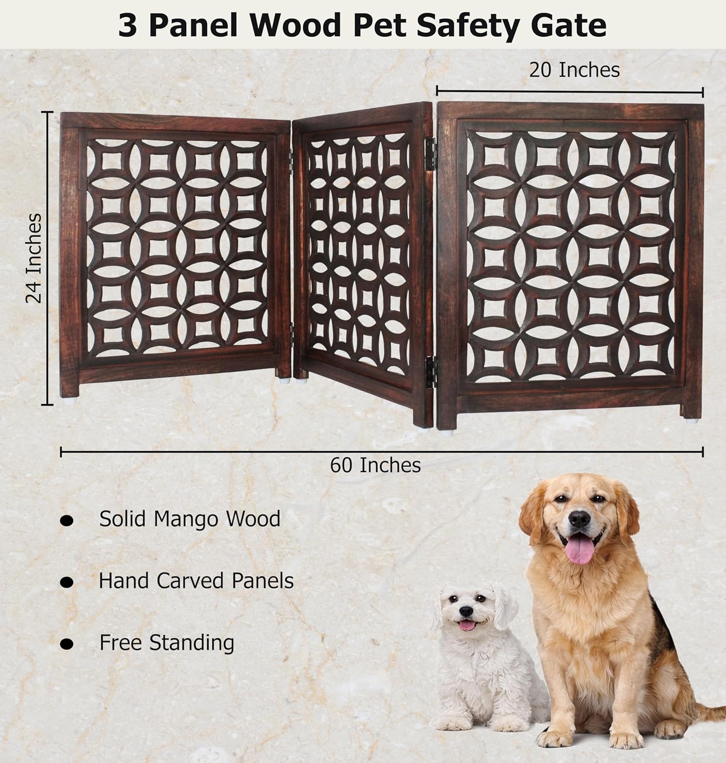 Croft&Cane Wooden Foldable Pet Dog Safety Gate – 3 Panel Freestanding Indoor Pet Fence (20 inches W x 24 inches H) – Hand-Carved Solid Wood & MDF – Fully Assembled - Antique Brown