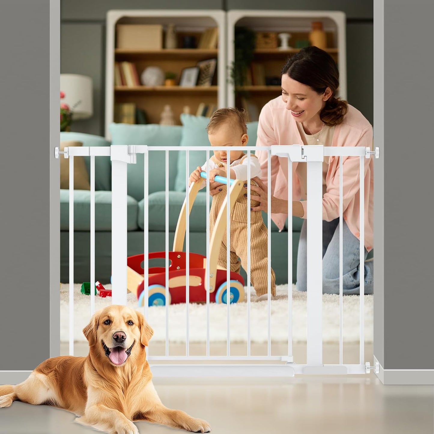 29-42 inches Metal Baby Gate for Stairs/Doorways, 30 inches Tall Pressure Mounted Pet Gates, Auto-Close Child Safety Gate, No Drilling Easy Walk-Through Dog Gate Indoor, Black
