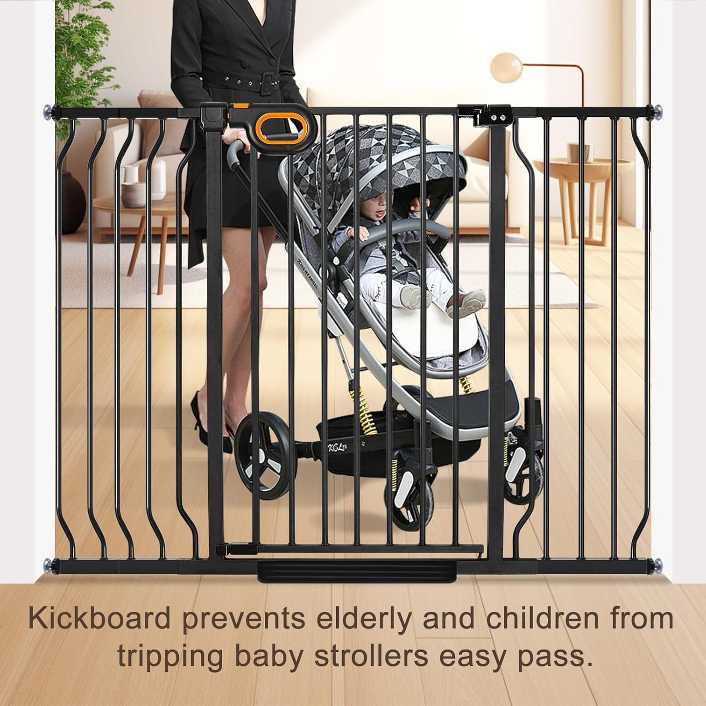 owlie 37.4" Extra Tall Wide Baby Gate for Stairs Doorways,47-57 Inch Extra Large Long Baby Gate with Door Indoor Safety Metal Pressure Mounted Pet Gate with Walk-Thru Auto Close, Black