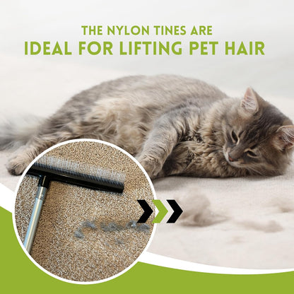 Small Room Groom Carpet Rake, 11" Handle, Portable Carpet Brush for Pet Hair, High Pile Rugs, Stairs, Furniture & Artificial Turf, Compact Groomer Tool