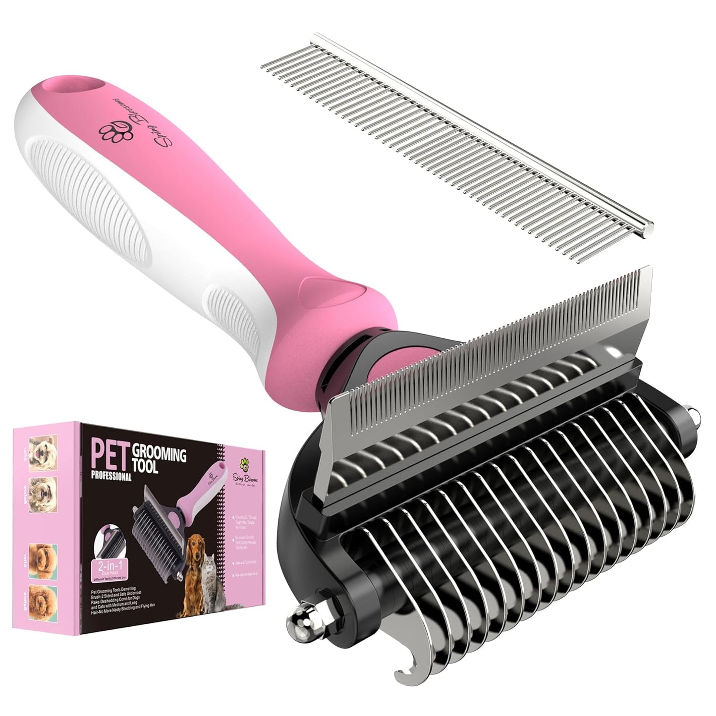 Spring Blossoms-2 in 1 Professional Grooming Rake for Cats & Dogs-Dematting Comb for Easy Mats & Tangles Removing,Pet Brush Safe No More Nasty Shedding and Flying Hair (Orange)