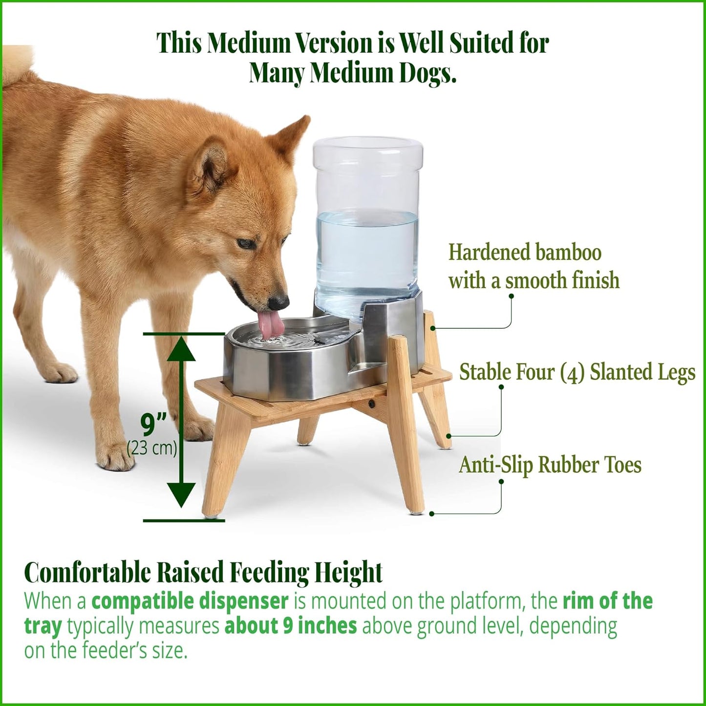 Dog Bowl Stand (14-inch High) - Ideal for Large Breeds, Use to Elevate, Raise Pet Dishes, Water Fountains and Slow Feeders - Adjustable Sideways, Bamboo - (Bowls not Included)