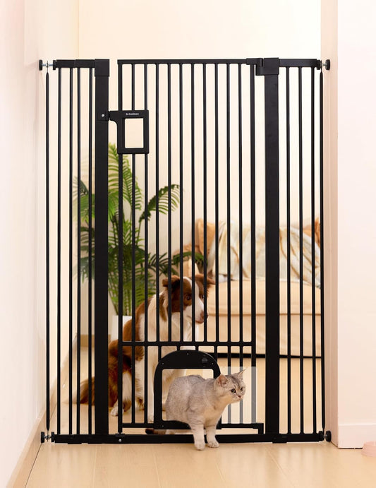 No Pawblems 55" Extra Tall Pet Gate for Cat/Dog, 29-40" Wide Auto Close Tall Dog Gate for Doorways/Hallways, 1.37" Ultra Narrow Spacing, NO Drilling Pressure Mounted, Black