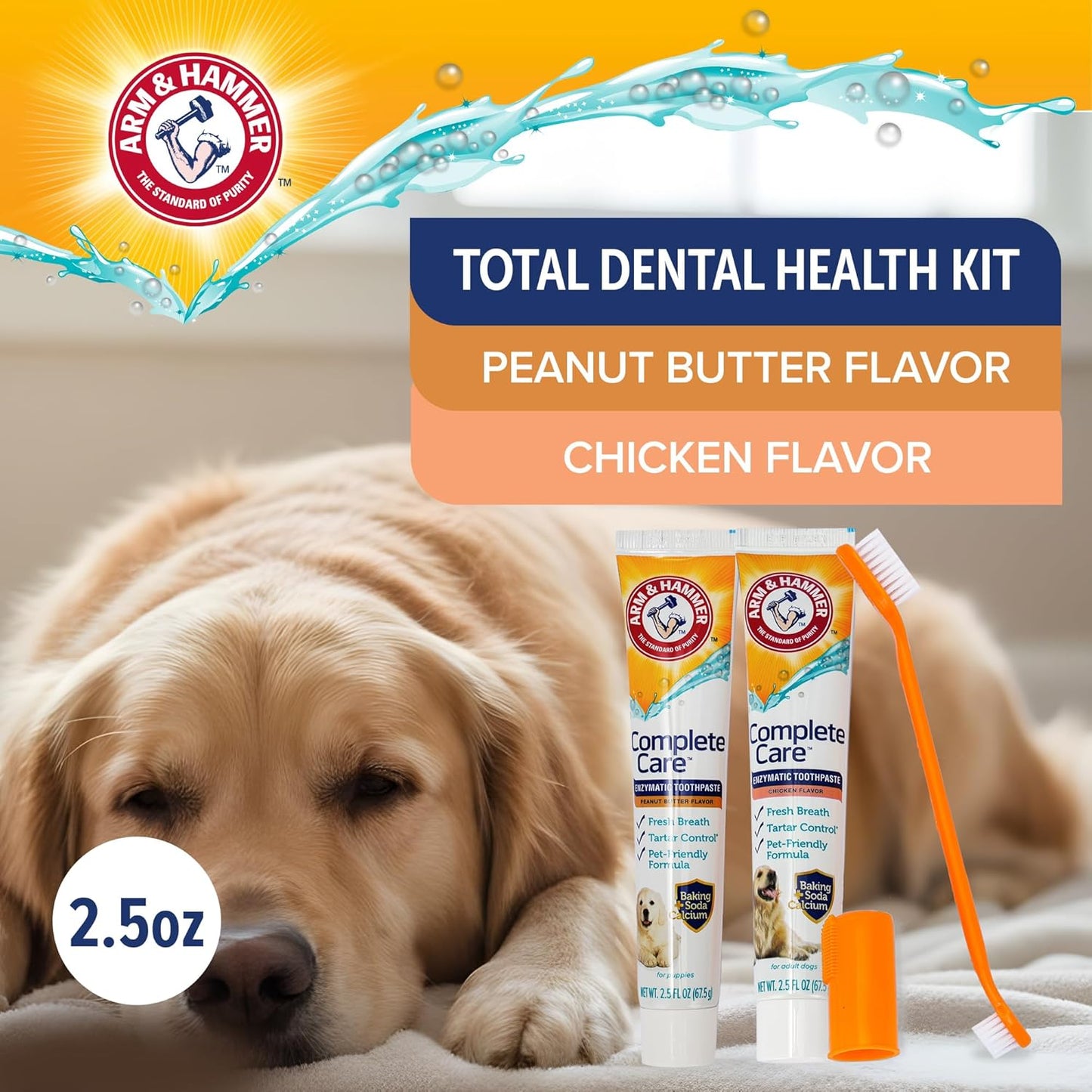 Arm & Hammer Complete Care Dog Dental Kit Enzymatic Toothpaste 2.5 OZ Chicken Flavor Toothbrush Finger Brush Tartar Baking Soda Formula