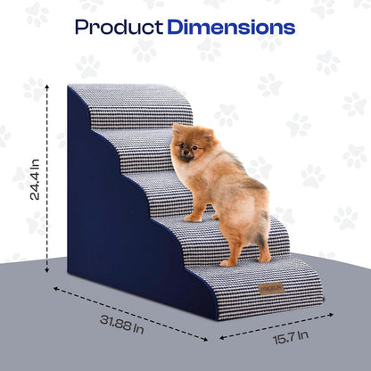 Dog Stairs for High Beds Up to 30", Extra-Tall 5-Step Dog Steps for Bed, 24.5" Tall Foam Pet Stairs for Small & Medium Dogs, Gentle Slope Cat Ramp for Bed with Washable Cover