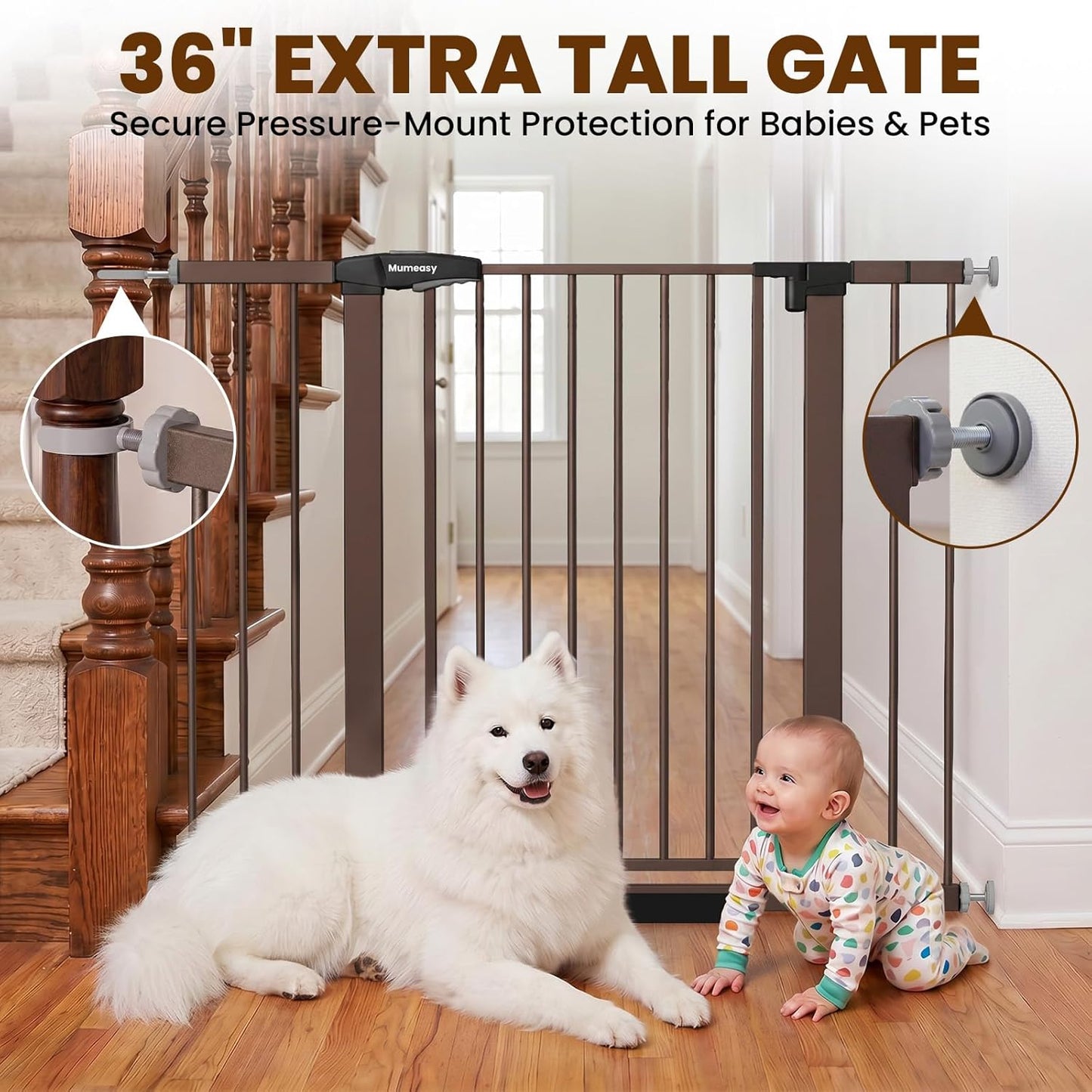 Mumeasy 29.7-46" Baby Gate for Stairs, Pressure Mounted Dog Gate for Doorways, Auto Close Walk Through Pet Gate Indoor, Extra Wide Metal Child Safety Gate, Mom's Choice Awards Winner, Black