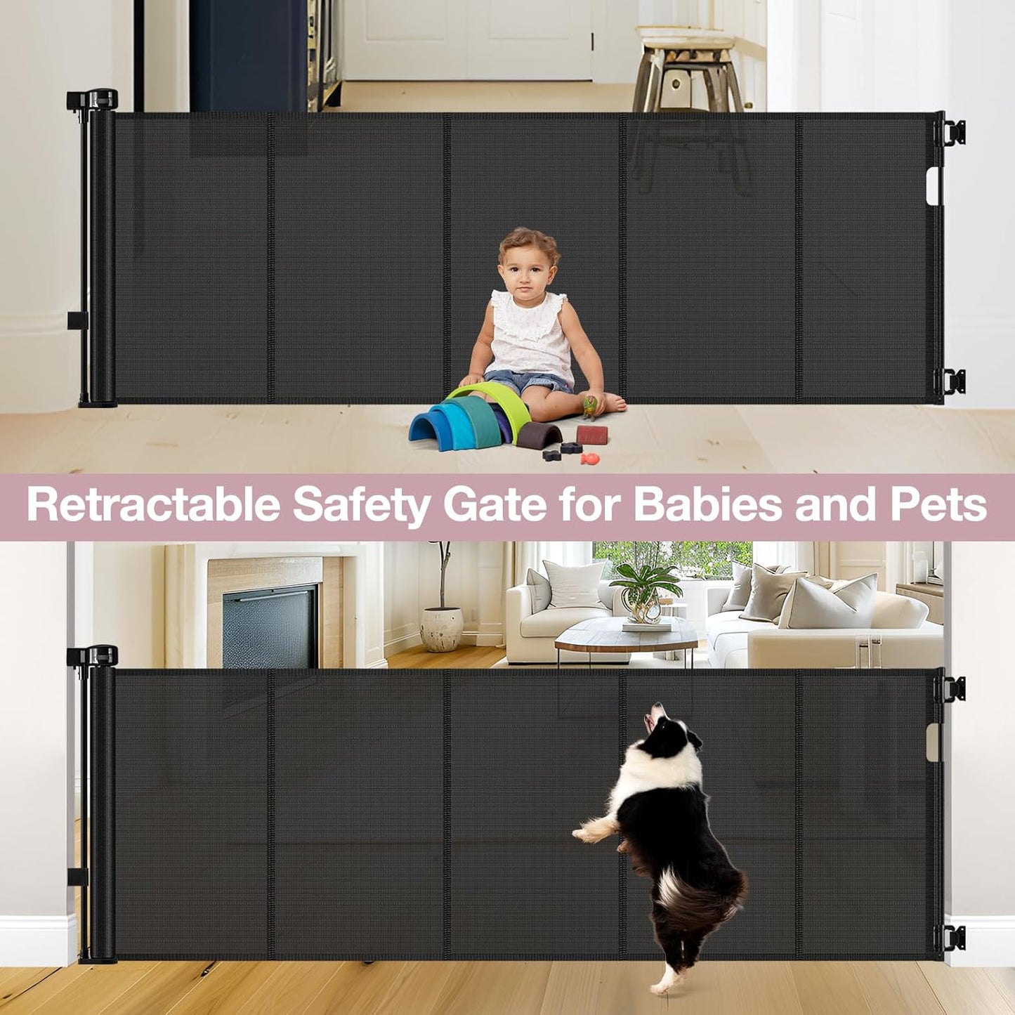 Reinforced 56" Wide Retractable Baby Gates for Doorways with Support Rods - Prevent Crawling Under Retractable Gate, Mesh Pet Gate for Stairs Retractable Dog Gates for The House Indoor/Outdoor, Black