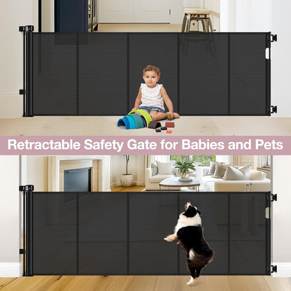 Reinforced 56" Wide Retractable Baby Gates for Doorways with Support Rods - Prevent Crawling Under Retractable Gate, Mesh Pet Gate for Stairs Retractable Dog Gates for The House Indoor/Outdoor, Black