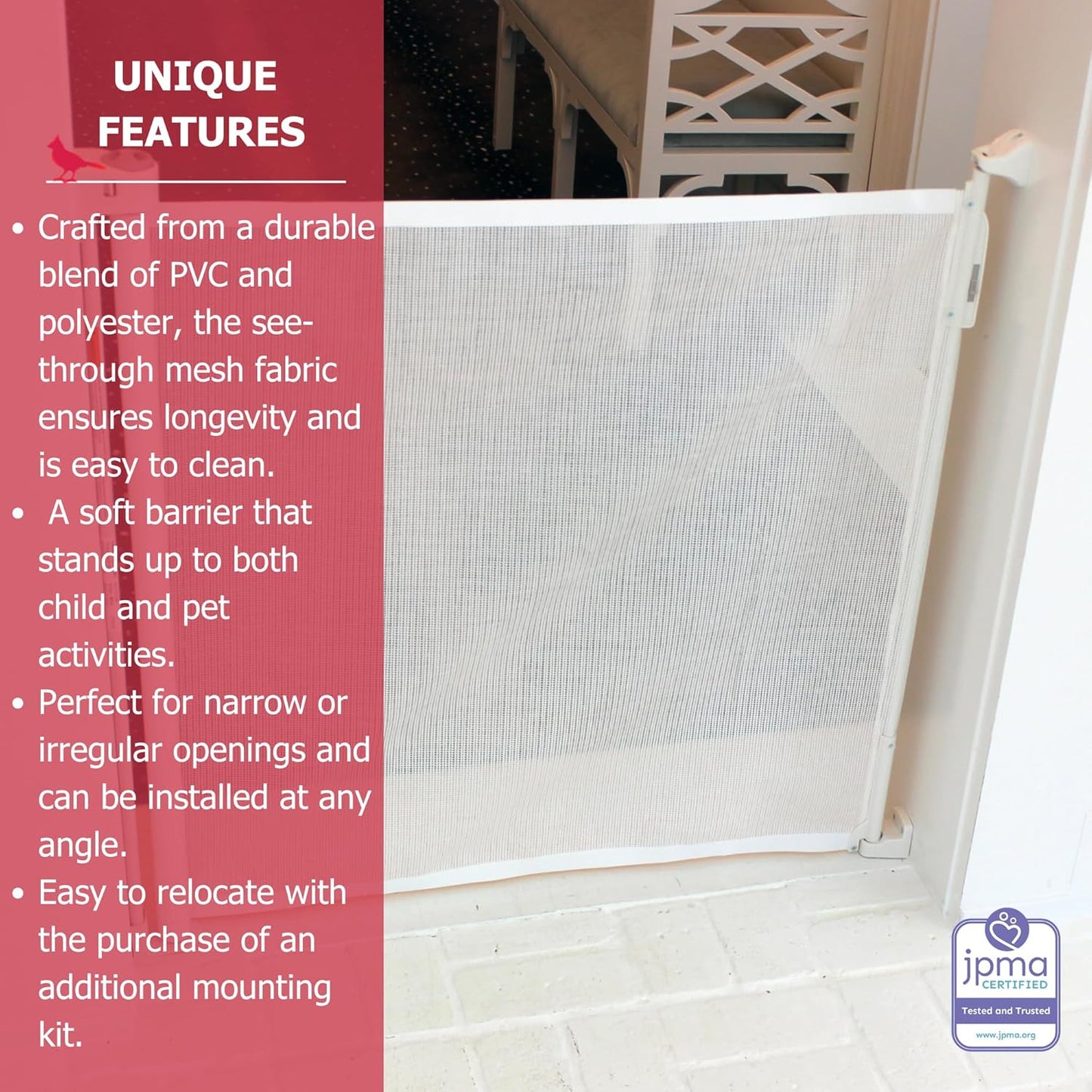Cardinal Gates RETG Retractable Baby Gate - Mesh Retractable Dog Gate - Extends Up to 55 Inches Wide - 36 Inches Tall - Black